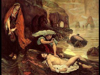 Malere var spesielt glad i å fremstille scener fra Byrons diktning. Her blir Juan funnet halvdød av de to unge pikene Haidee og Zoe. Maleri av Ford Maddox Brown. 